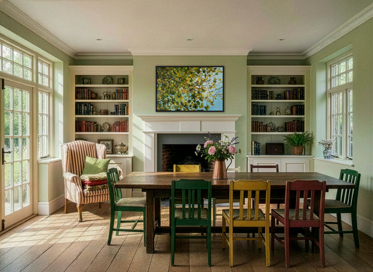 Julia Brown oil painting 'Maple, 8am October Morning' displayed in a home dining room — original statement art