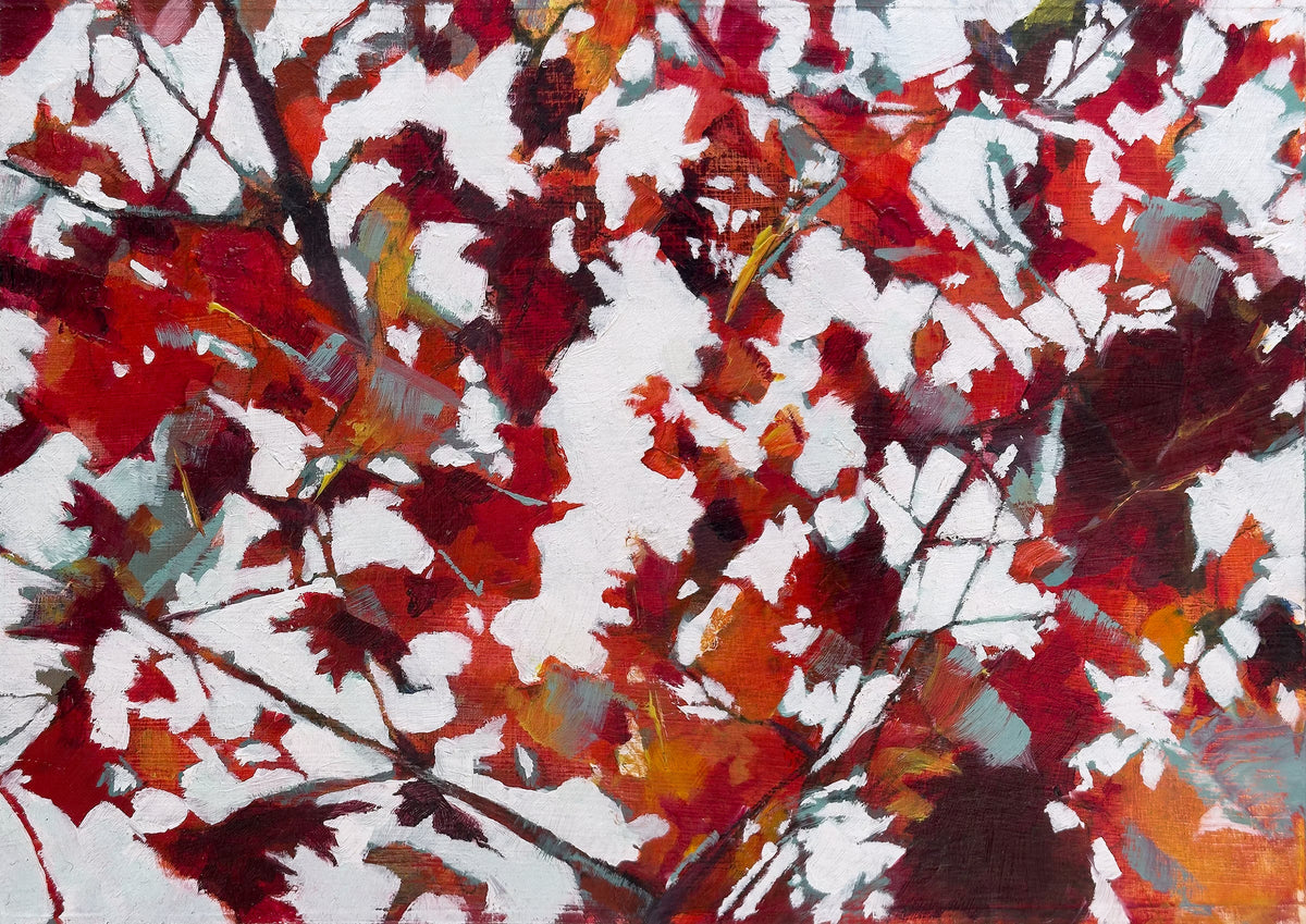 Red crimson and ochre maple leaves in motion, layered brushstrokes forming a semi-abstract canopy