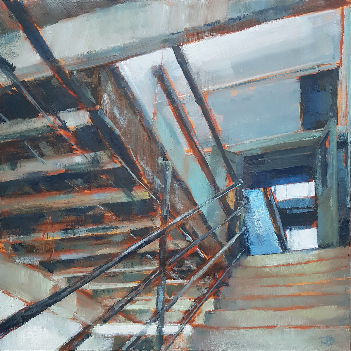 A painting of a view looking up the stairwell of an industrial building