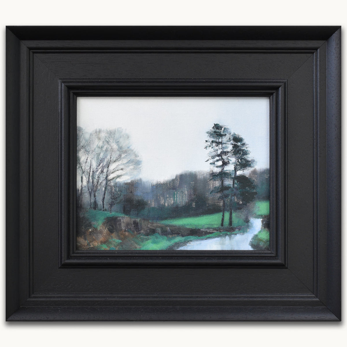 Small green landscape painting in oils with pine trees. Atmospheric art by UK artist Julia Brown. oil paintings for cosy spaces