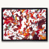 Crimson and ochre maple leaves in motion, layered brushstrokes forming a abstract painting of a tree canopy by Julia Brown, with black frame