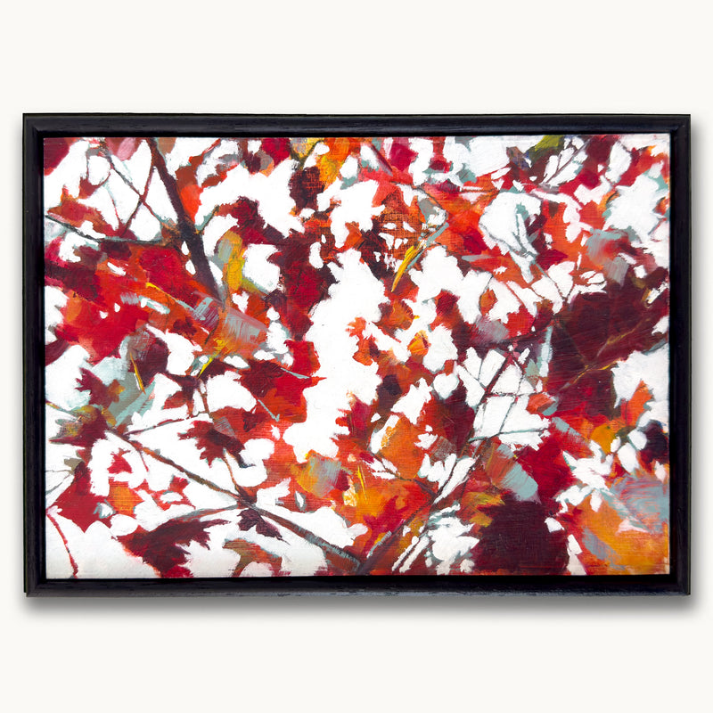 Crimson and ochre maple leaves in motion, layered brushstrokes forming a abstract painting of a tree canopy by Julia Brown, with black frame