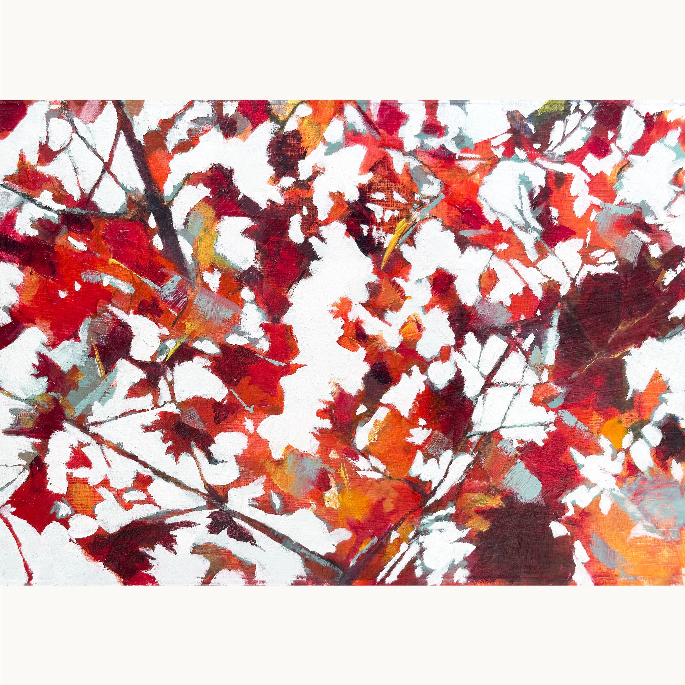 Crimson and ochre maple leaves in motion, layered brushstrokes forming a abstract painting of a tree canopy by Julia Brown