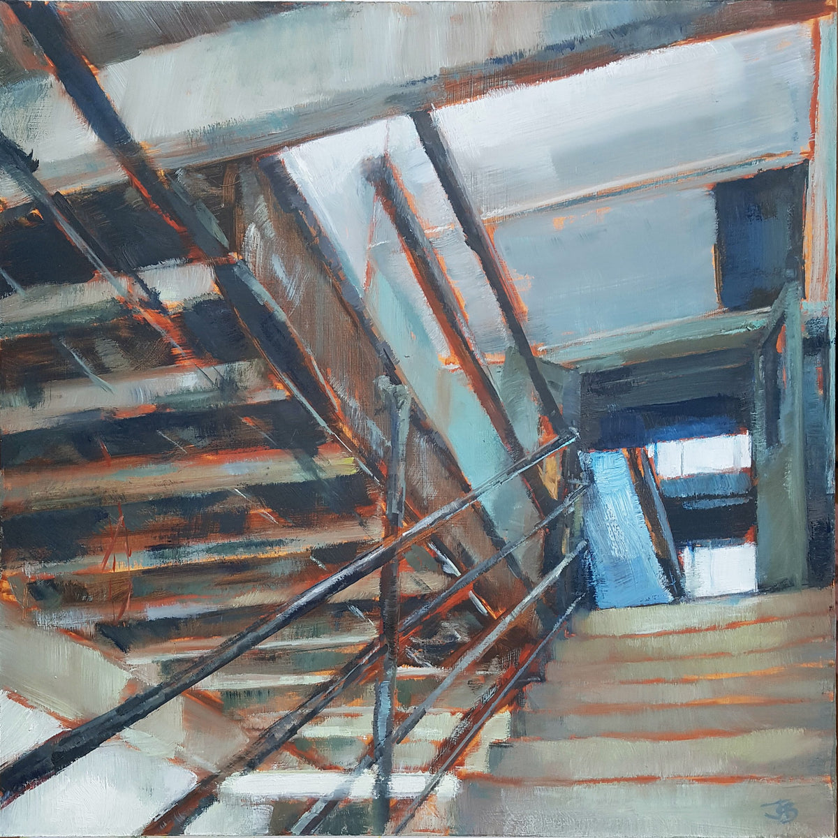 a painting looking up a stairwell in an industrial building with skylights showing at the top