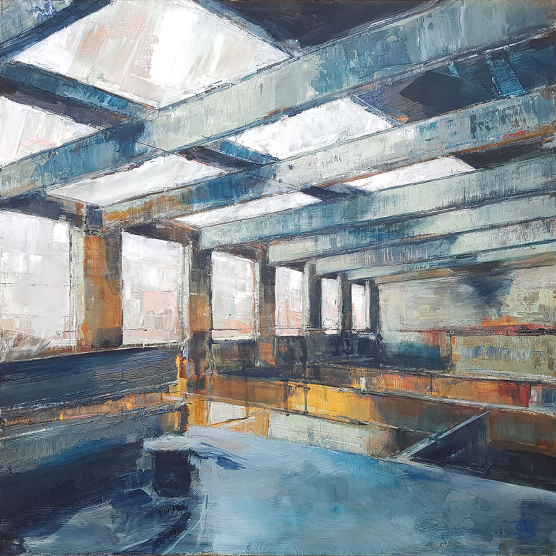 a painting of an empty industrial mill building with windows down one side