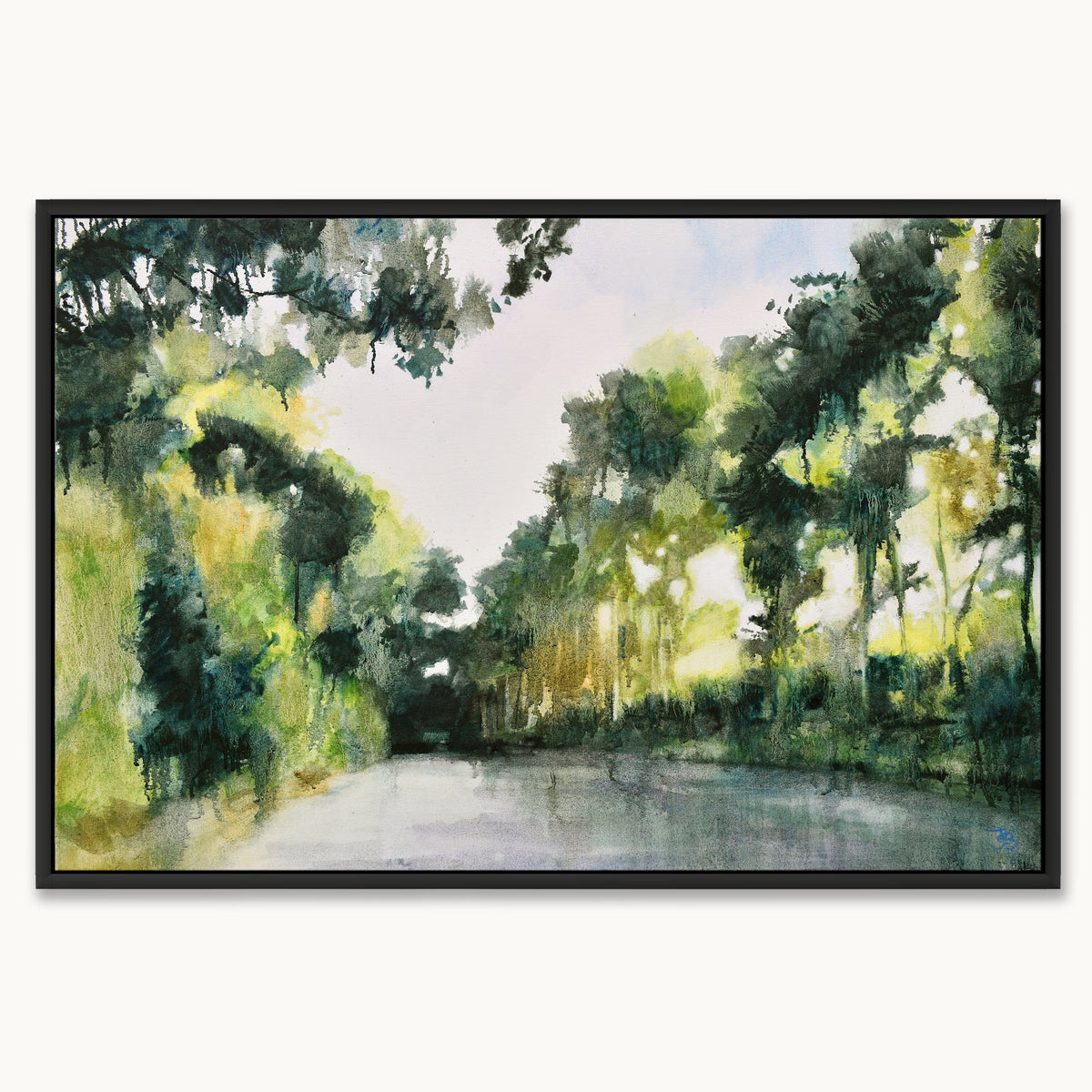 a serene, uplifting framed oil painting of dappled summer light coming through leafy green trees by UK artist Julia Brown
