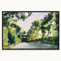 a serene, uplifting framed oil painting of dappled summer light coming through leafy green trees by UK artist Julia Brown