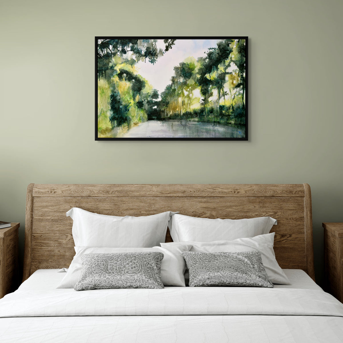 a serene textured oil painting of dappled summer light coming through leafy green trees by UK artist Julia Brown