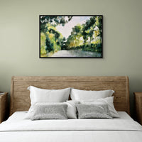 a serene textured oil painting of dappled summer light coming through leafy green trees by UK artist Julia Brown