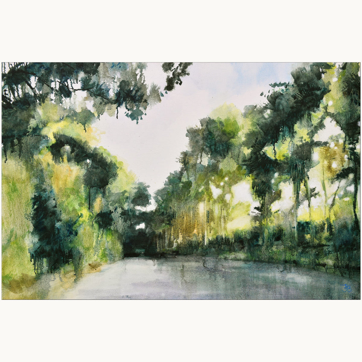 a serene textured oil painting of dappled summer light coming through leafy green trees by UK artist Julia Brown