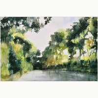 a serene textured oil painting of dappled summer light coming through leafy green trees by UK artist Julia Brown