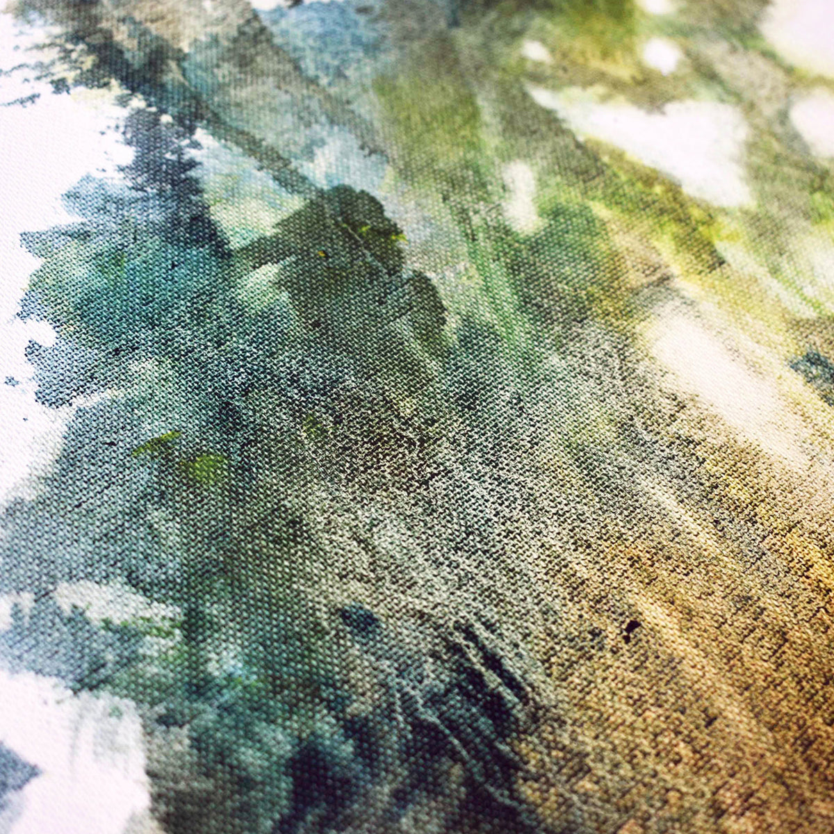 Surface detail of an oil painting of dappled summer light coming through leafy green trees by UK artist Julia Brown