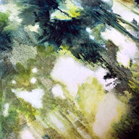 Surface detail of an oil painting of dappled summer light coming through leafy green trees by UK artist Julia Brown