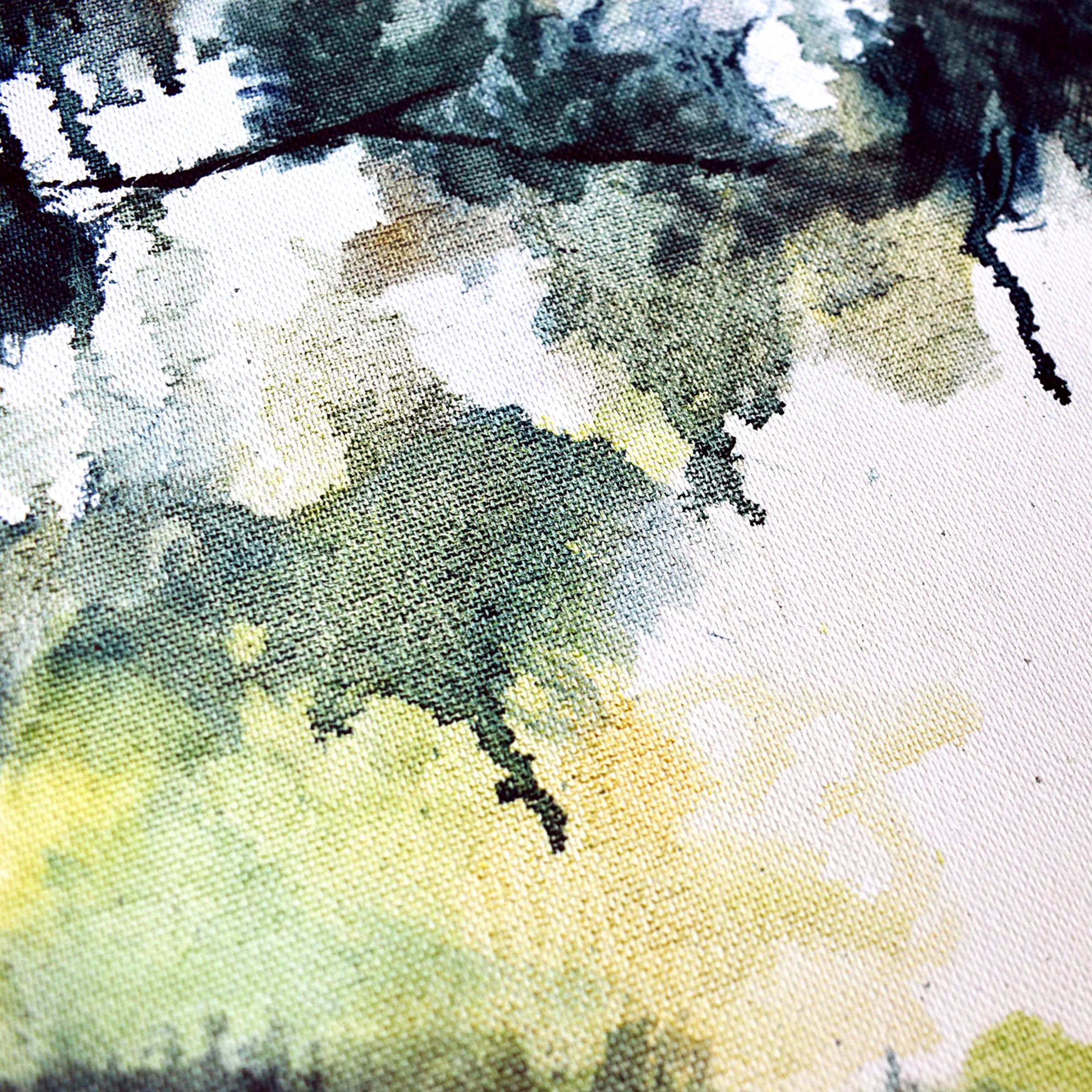 Surface detail of an oil painting of dappled summer light coming through leafy green trees by UK artist Julia Brown