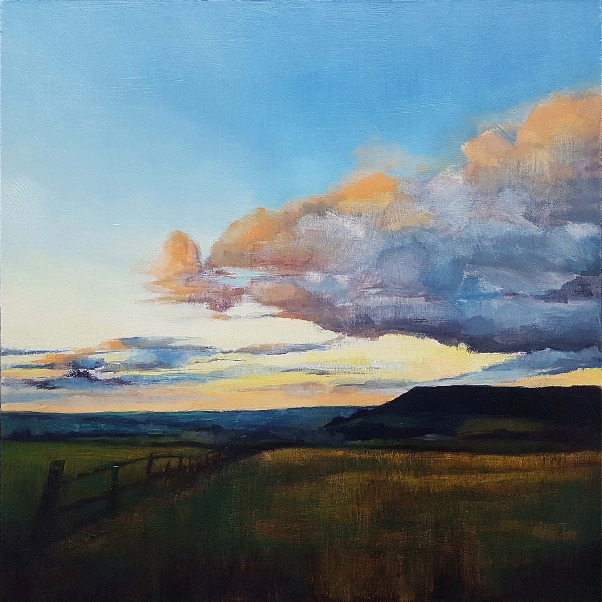 Painting of a Yorkshire landscape sunset with a large cloud formation hills and fields looking towards Huddersfield