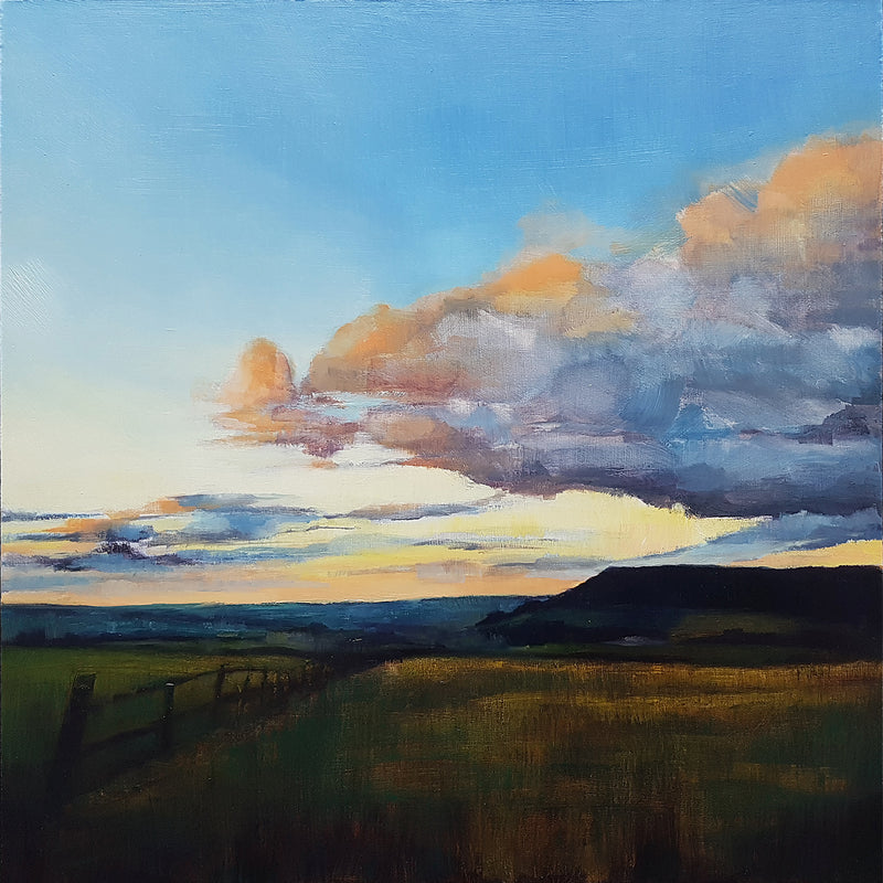 Painting of a Yorkshire landscape sunset with a large cloud formation hills and fields looking towards Huddersfield