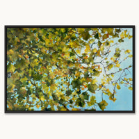 A calming abstract textured oil painting of golden green autumn leaves by Julia Brown