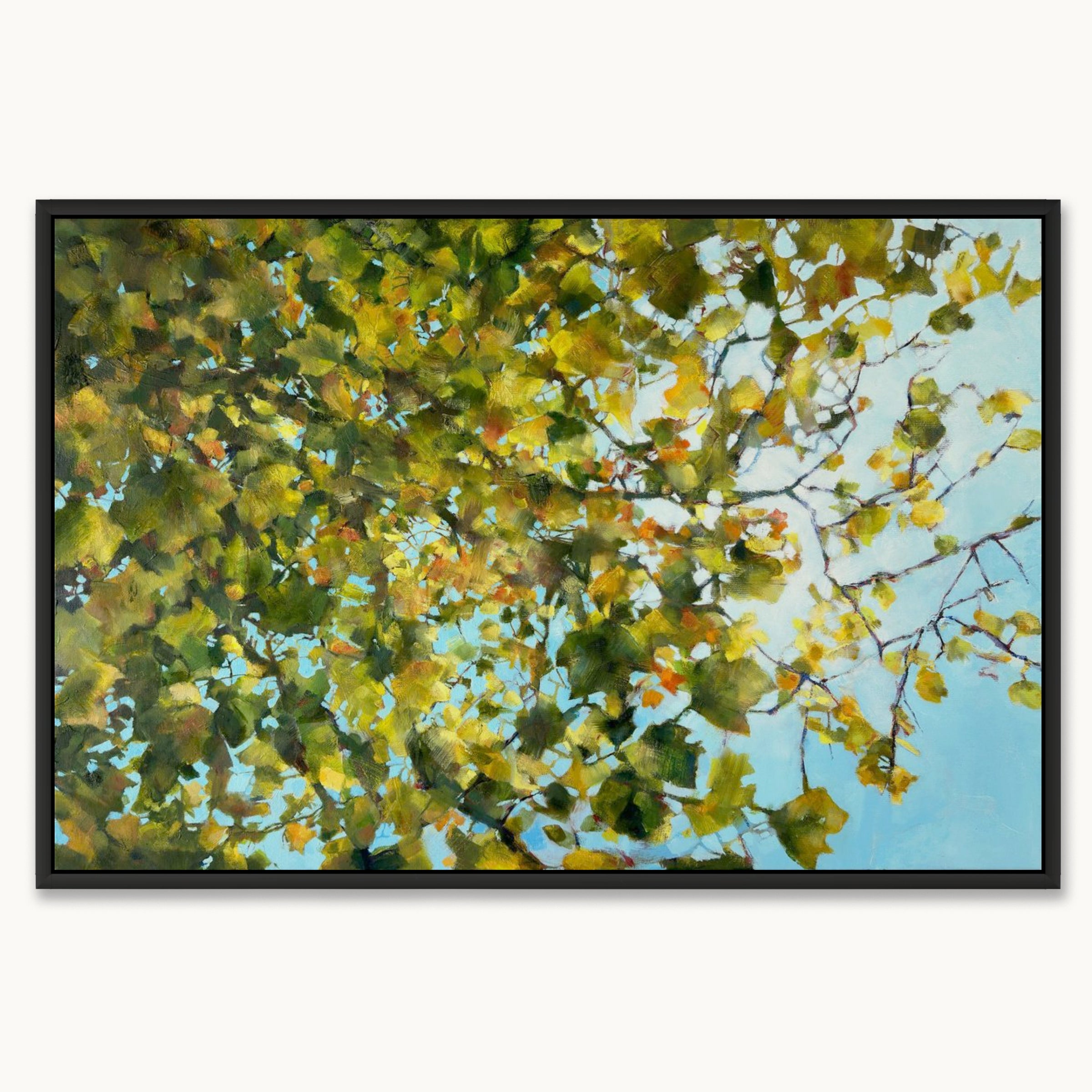 A calming abstract textured oil painting of golden green autumn leaves by Julia Brown