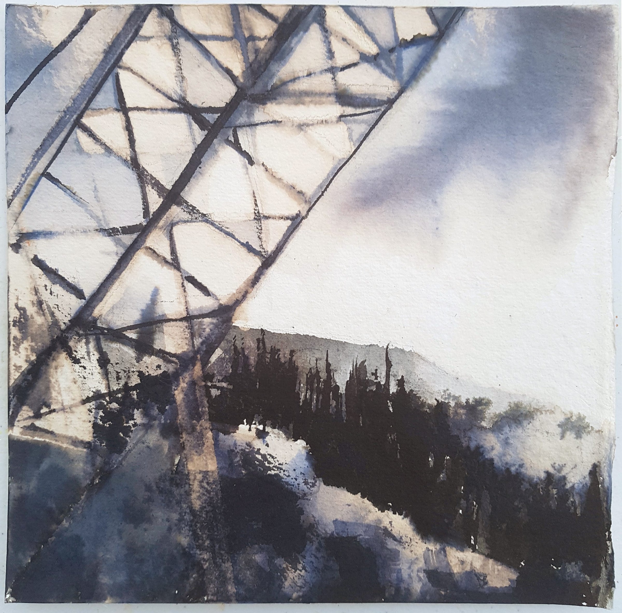 ink painting showing a crane jib with a forest and hills in the background