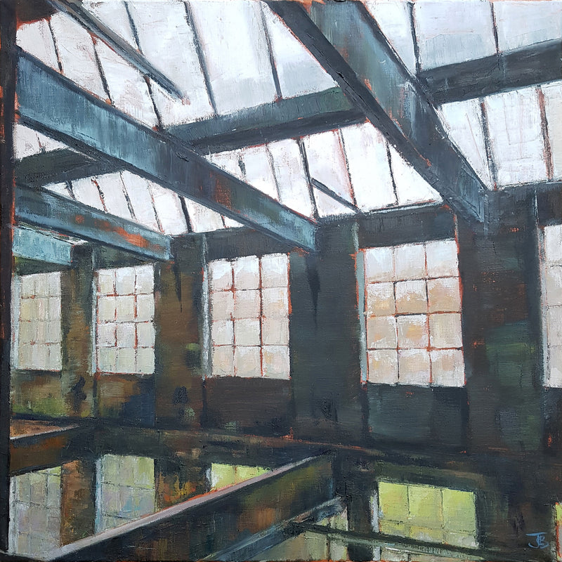 A painting of a large industrial building with beams, windows and northern lights in the roof