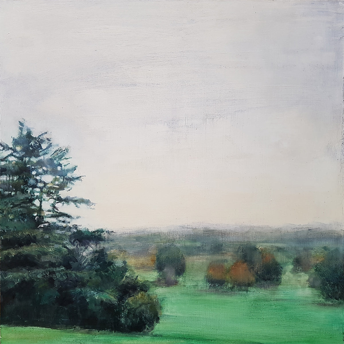 An oil painting of a misty autumn landscape with a large tree 