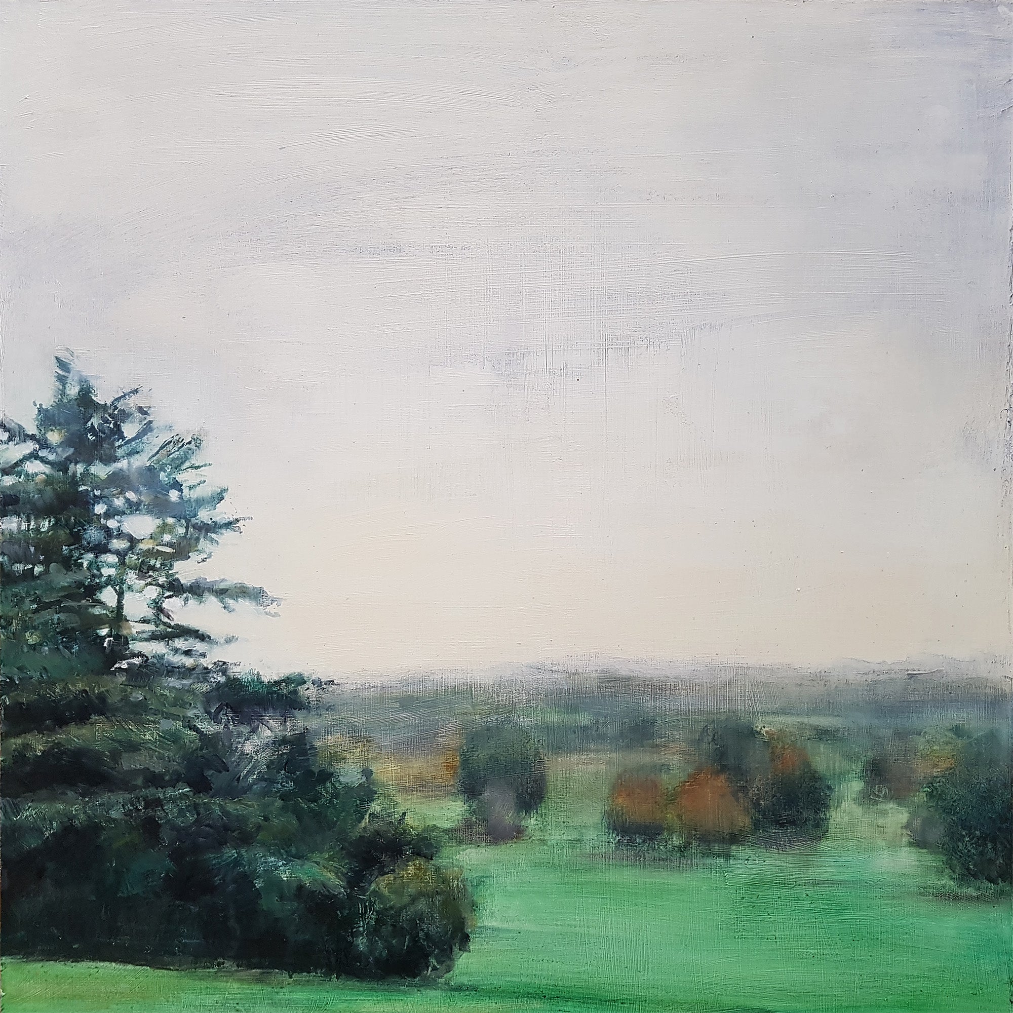 An oil painting of a misty autumn landscape with a large tree 