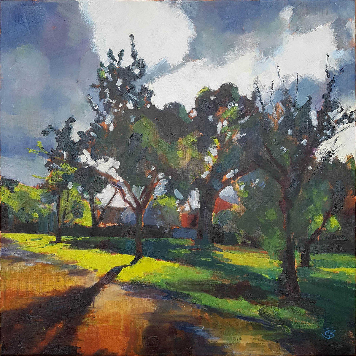 oil painting showing a sunlit orchard with a stormy grey sky 