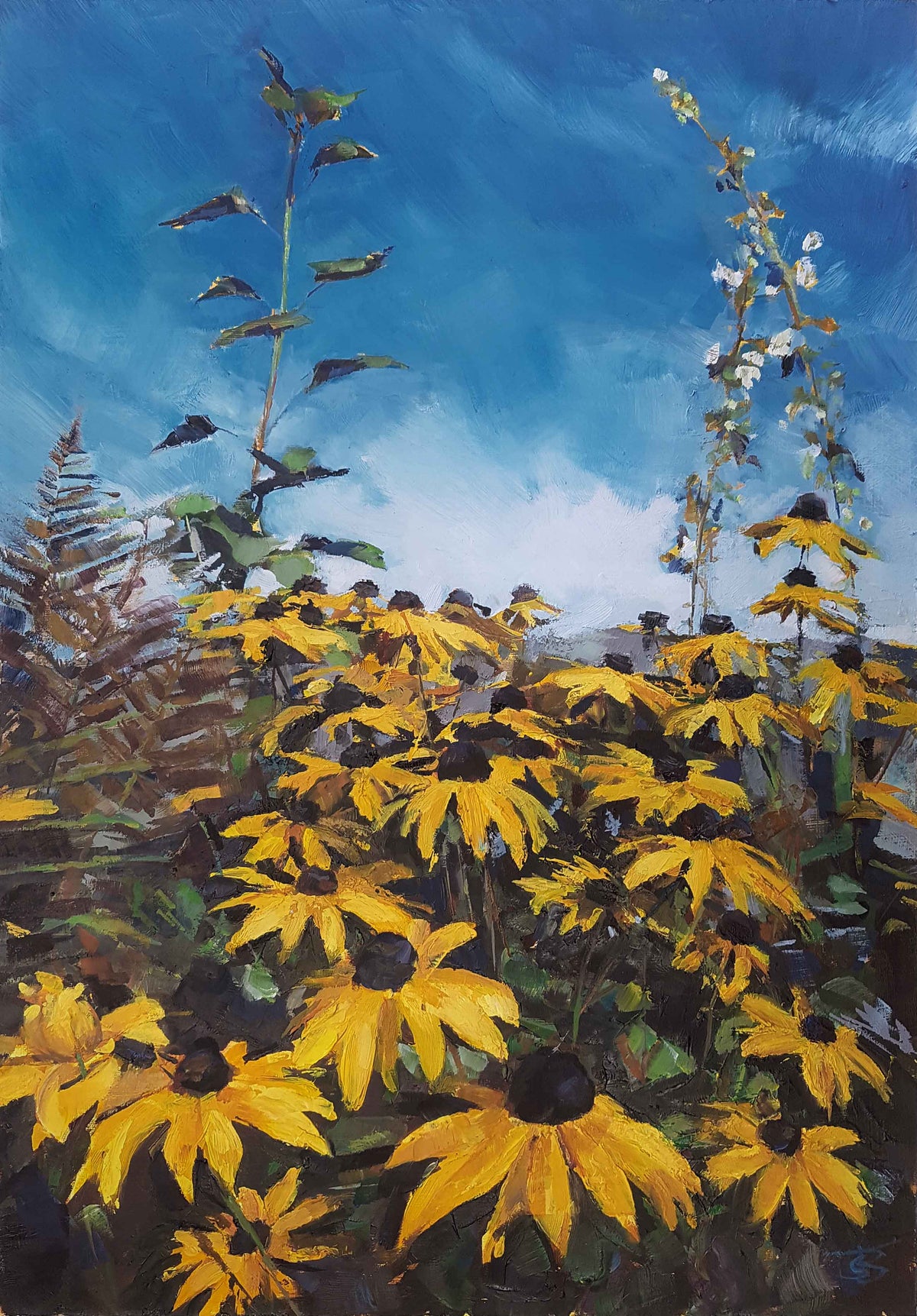 an oil painting of yellow flowers against a wall under a blue sky