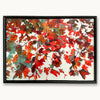 Warm, textured abstract oil painting of rustling maple leaves and broken light, evoking calm and stillness with red, orange, crimson and teal, in a black wood frame