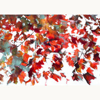 Warm, textured abstract oil painting of rustling maple leaves and broken light, evoking calm and stillness with red, orange, crimson and teal
