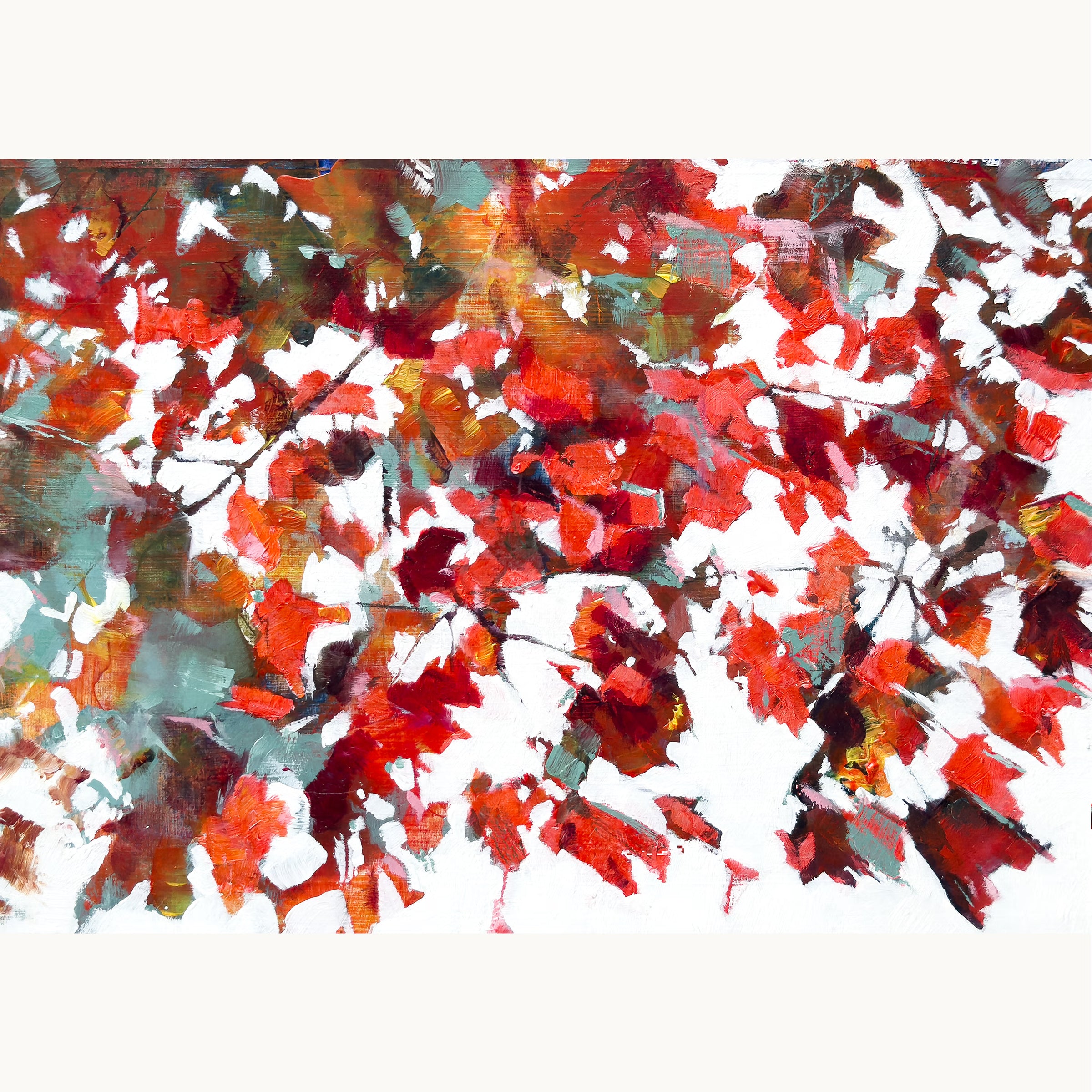 Warm, textured abstract oil painting of rustling maple leaves and broken light, evoking calm and stillness with red, orange, crimson and teal
