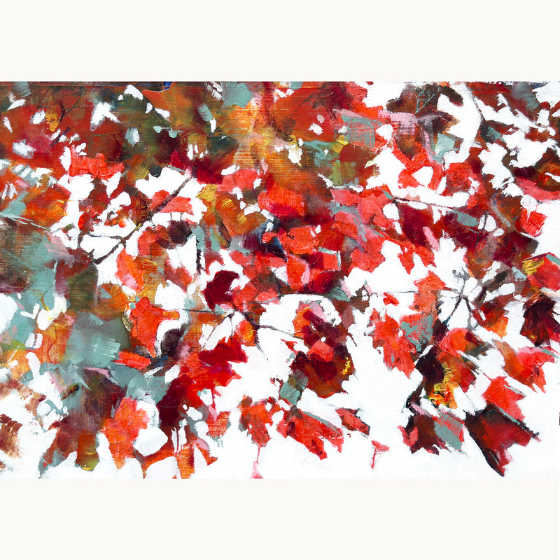 Warm, textured abstract oil painting of rustling maple leaves and broken light, evoking calm and stillness with red, orange, crimson and teal
