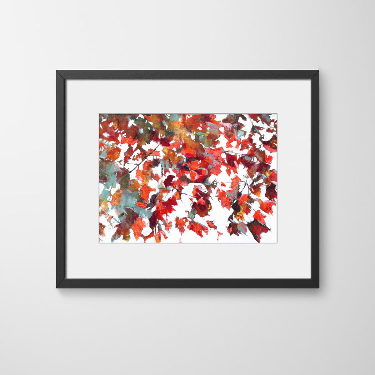 Warm, textured abstract framed print of rustling maple leaves and broken light, evoking calm and stillness with red, orange, crimson and teal, in a black wood frame