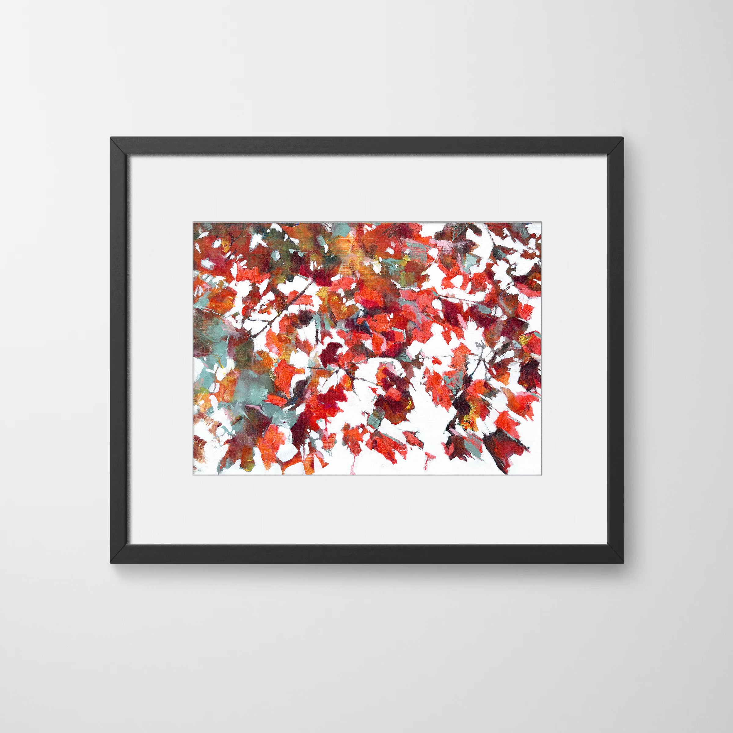Warm, textured abstract framed print of rustling maple leaves and broken light, evoking calm and stillness with red, orange, crimson and teal, in a black wood frame