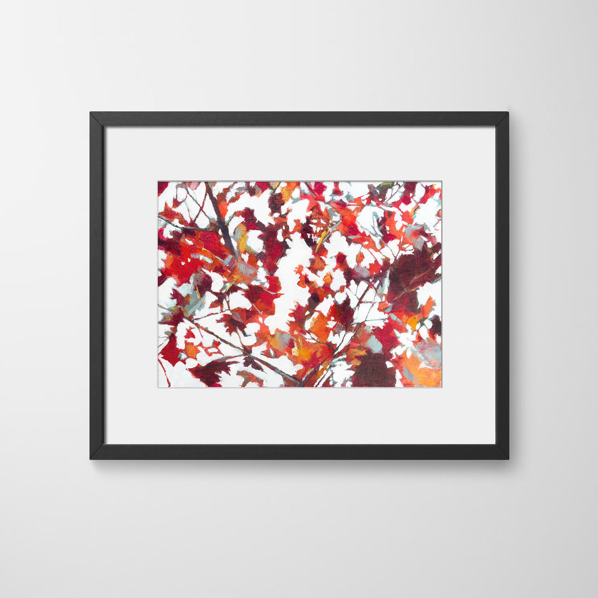 Crimson and ochre maple leaves in motion, layered brushstrokes forming a abstract print of a tree canopy by Julia Brown, with a black frame