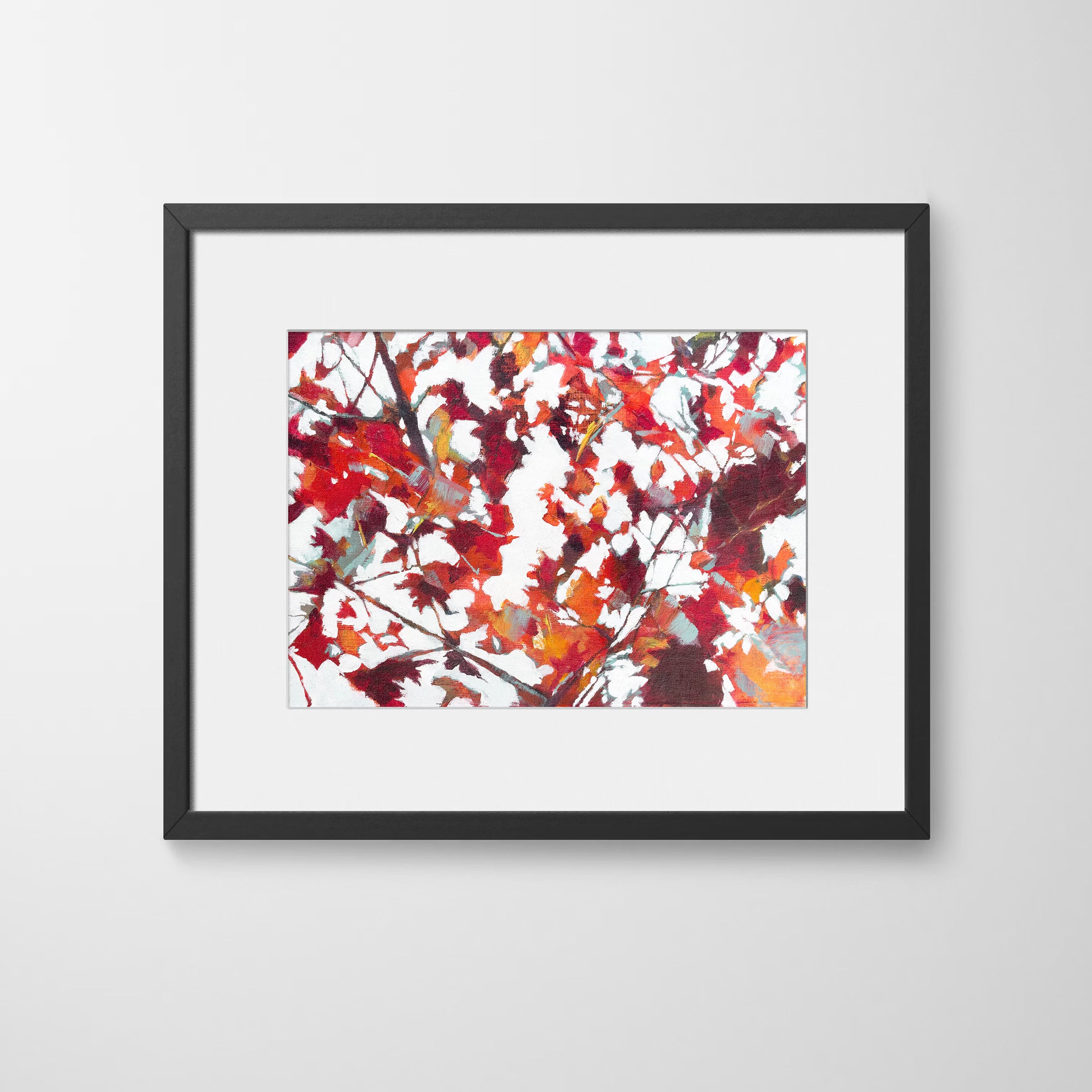 Crimson and ochre maple leaves in motion, layered brushstrokes forming a abstract print of a tree canopy by Julia Brown, with a black frame