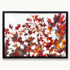 Framed semi-abstract painting of red maple leaves with layers of light and shadow on a grey autumn day by Julia Brown