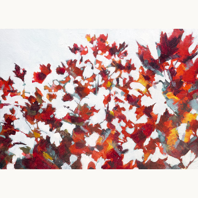 Semi-abstract painting of red and crimson maple leaves with layers of light and shadow on a grey autumn day by Julia Brown