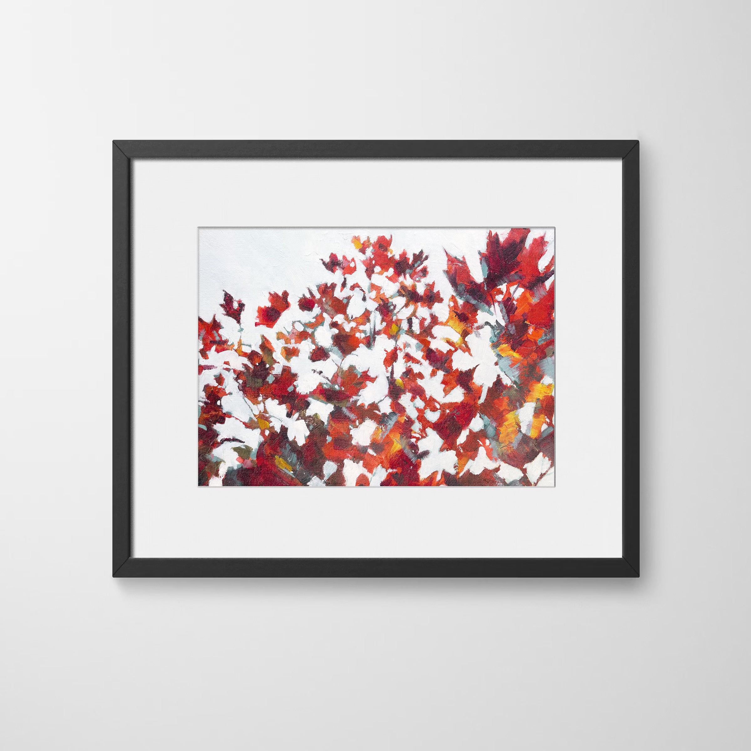 Framed semi-abstract print of red maple leaves with layers of light and shadow on a grey autumn day by Julia Brown