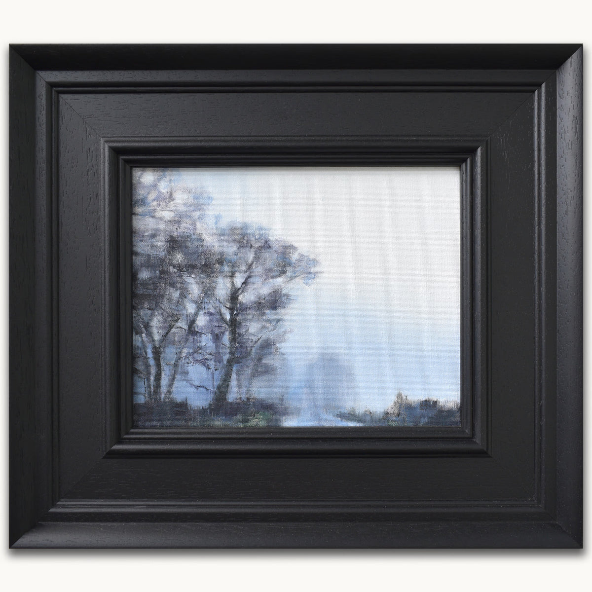 Small mauve grey oil painting with winter trees. Atmospheric landscape art by UK artist Julia Brown Small paintings for cosy spaces.