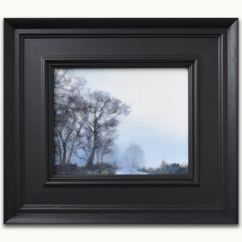 Small mauve grey oil painting with winter trees. Atmospheric landscape art by UK artist Julia Brown Small paintings for cosy spaces.