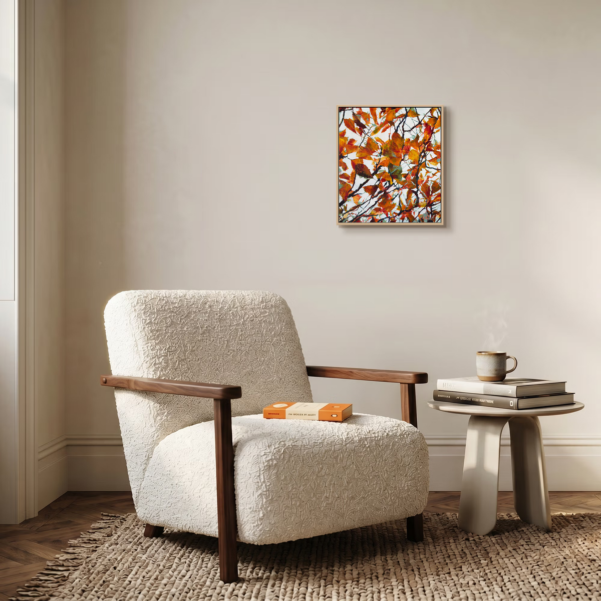 Small abstract painting of autumn leaves by UK artist Julia Brown in a quiet luxury sitting room vignette