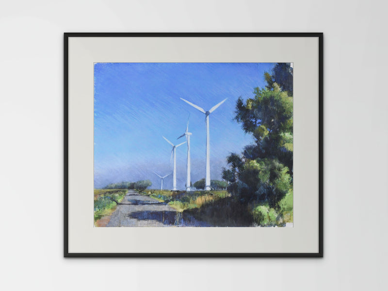 A framed textured landscape mixed media and pastel painting of a sunny summer morning with wind turbines and blue sky by UK artist Julia Brown 