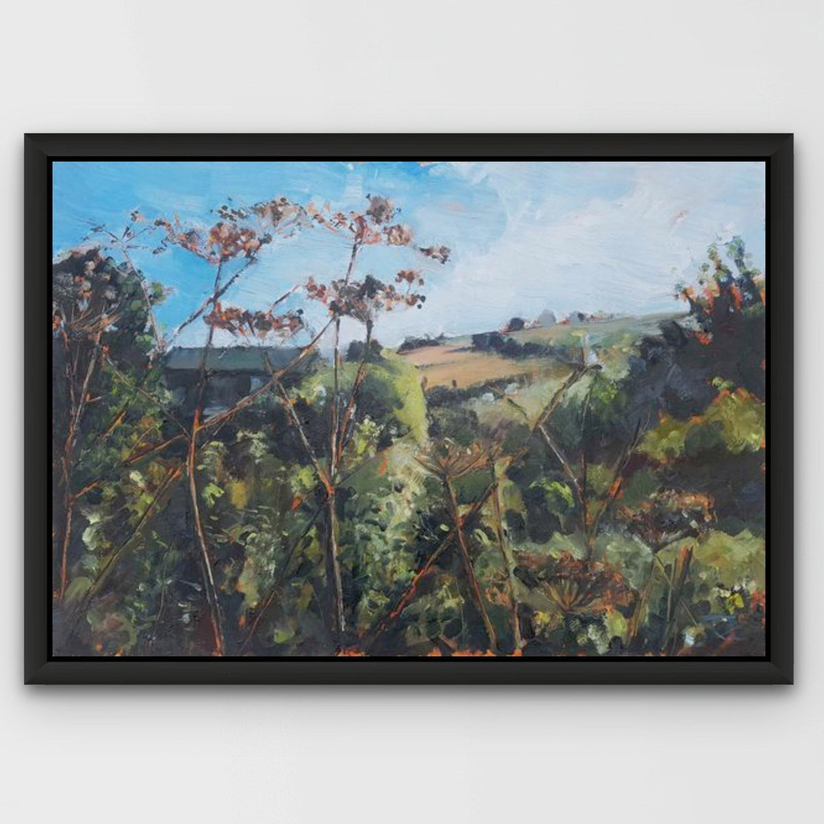 A framed oil painting on board, 'Sanctuary' depicts a rural landscape with trees and vegetation, signed by the artist.