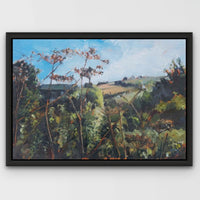 A framed oil painting on board, 'Sanctuary' depicts a rural landscape with trees and vegetation, signed by the artist.