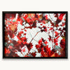 An abstract textured oil painting showing glimpses of bright light through branches with red, crimson and and teal maple leaves, in a black wood frame