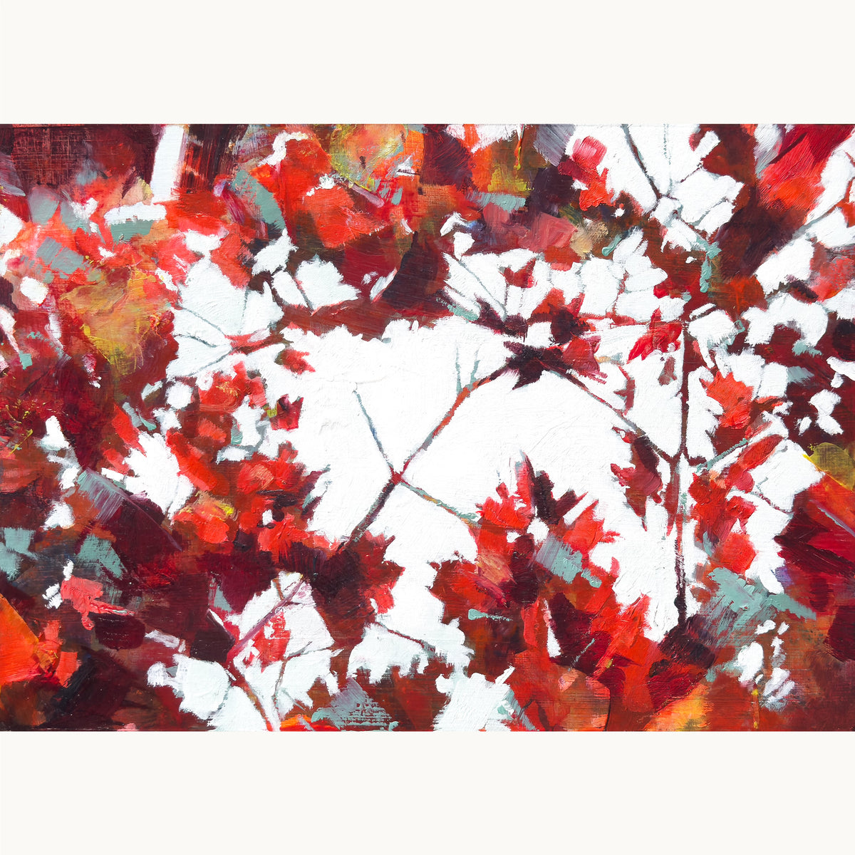 An abstract textured oil painting showing glimpses of bright light through branches with red, crimson and and teal maple leaves