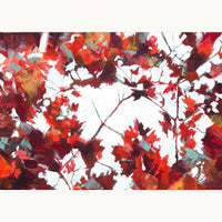 An abstract textured oil painting showing glimpses of bright light through branches with red, crimson and and teal maple leaves