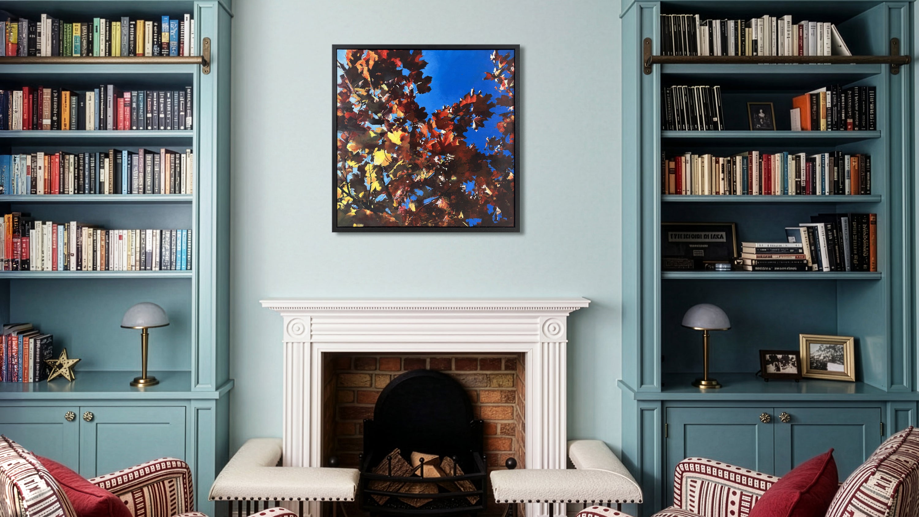 Statement uplifting abstract landscape painting with layered sunlight through autumn leaves, original oil on canvas by UK artist Julia Brown