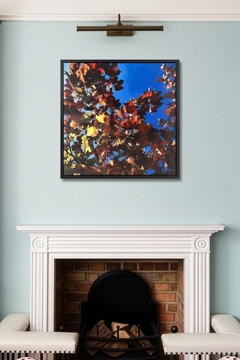 Statement uplifting abstract landscape painting with layered sunlight through autumn leaves, original oil on canvas by UK artist Julia Brown